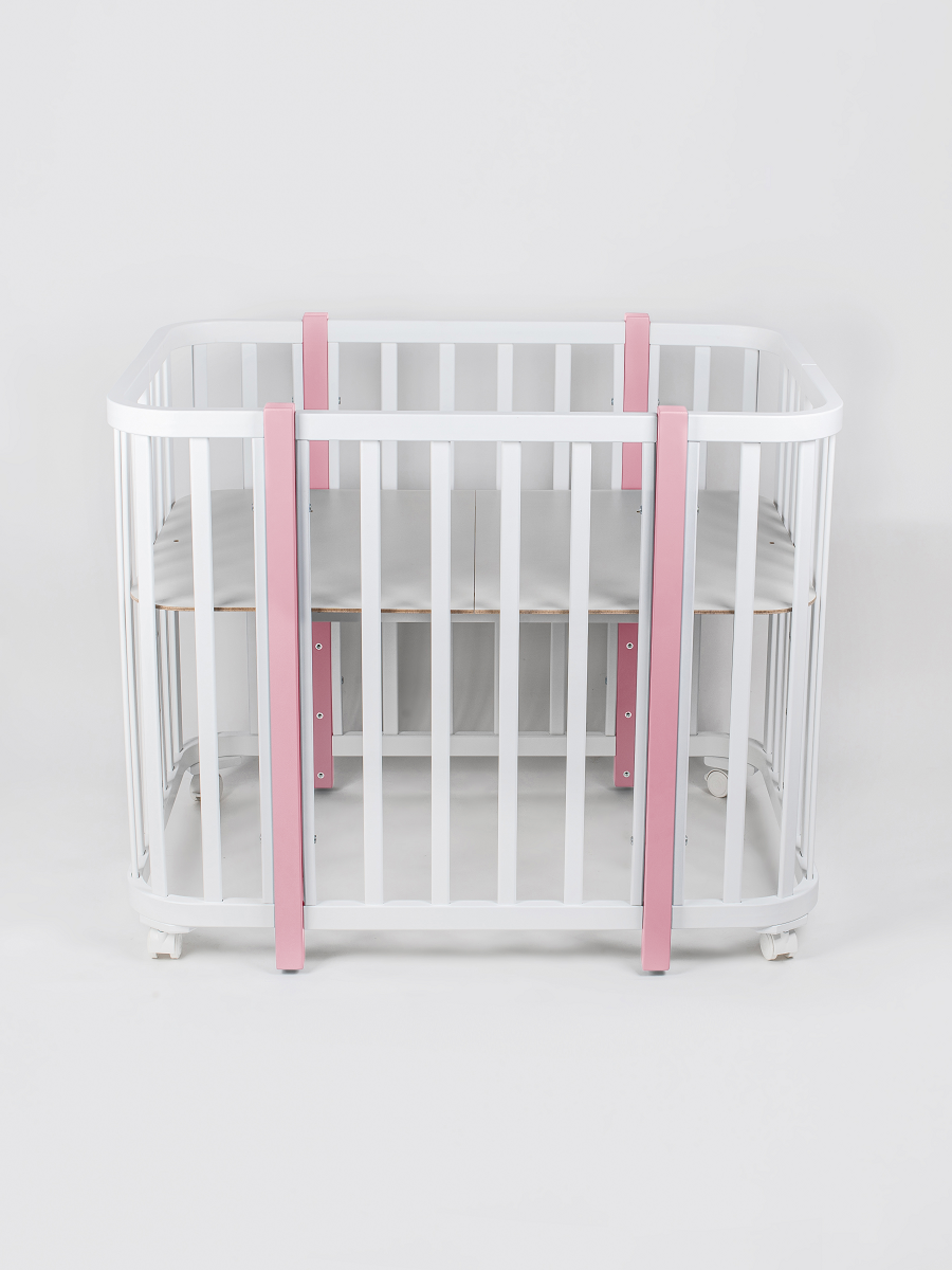  Кроватка-трансформер Milky с розовыми стойками (Цвет: Белый)