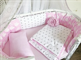 Комплект в кроватку дизайнерский Бело-розовый с совами